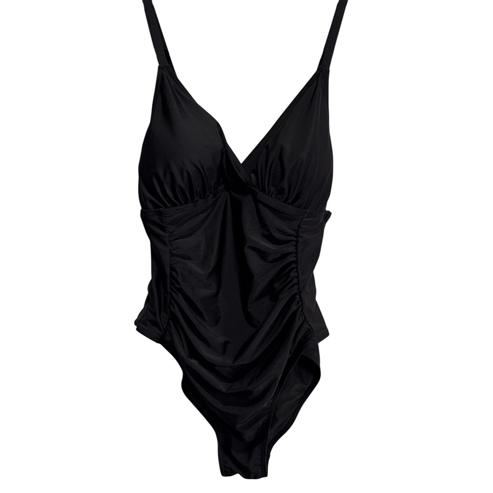 Black Ruched Tummy Control One Piece Swimsuit V-Neck Adjustable Straps 1XL